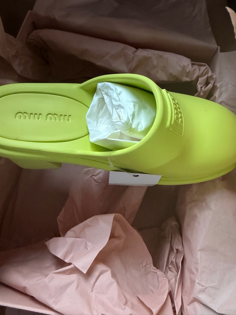 Miu Miu Neon Lime Green Clog Mule